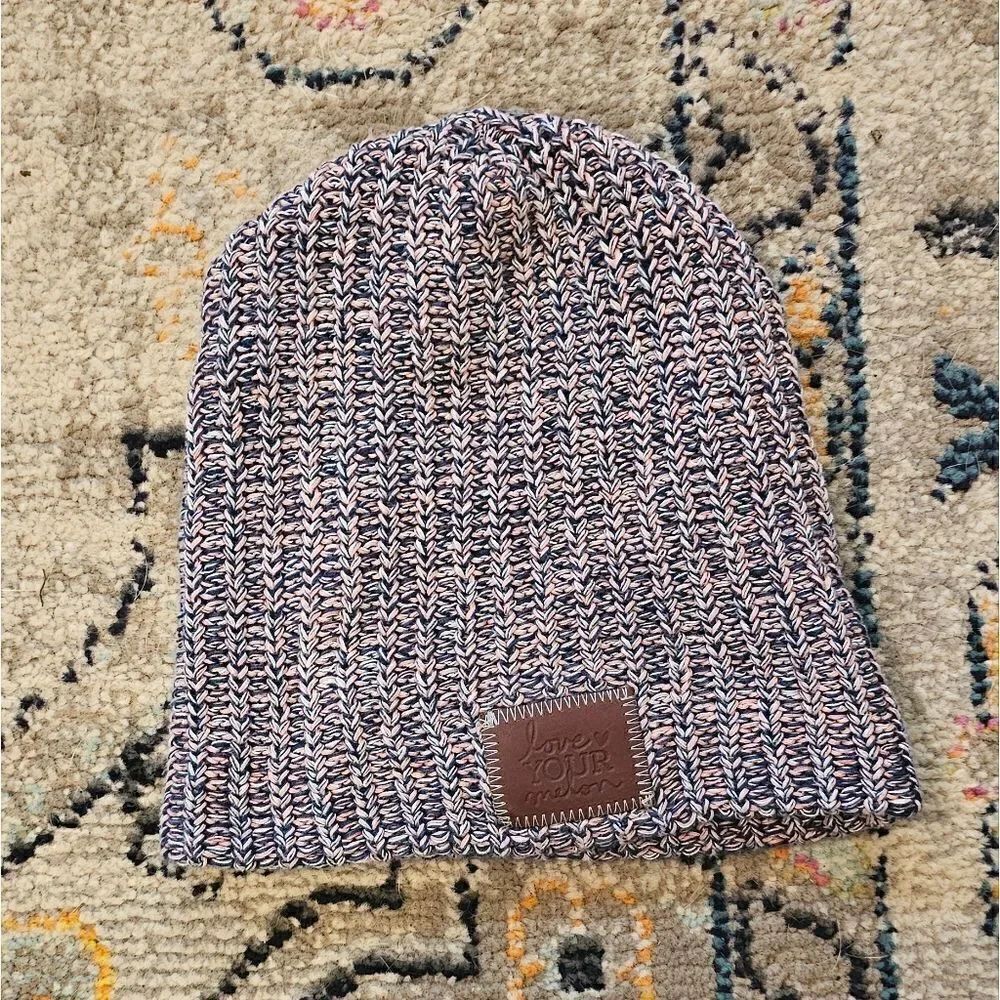 Love your melon beanie in pink/navy with brown leather patch